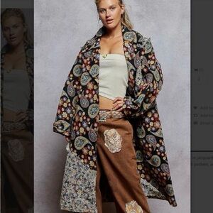 POL M Multicolor Paisley and Floral Long Jacket With Lace Button Details
